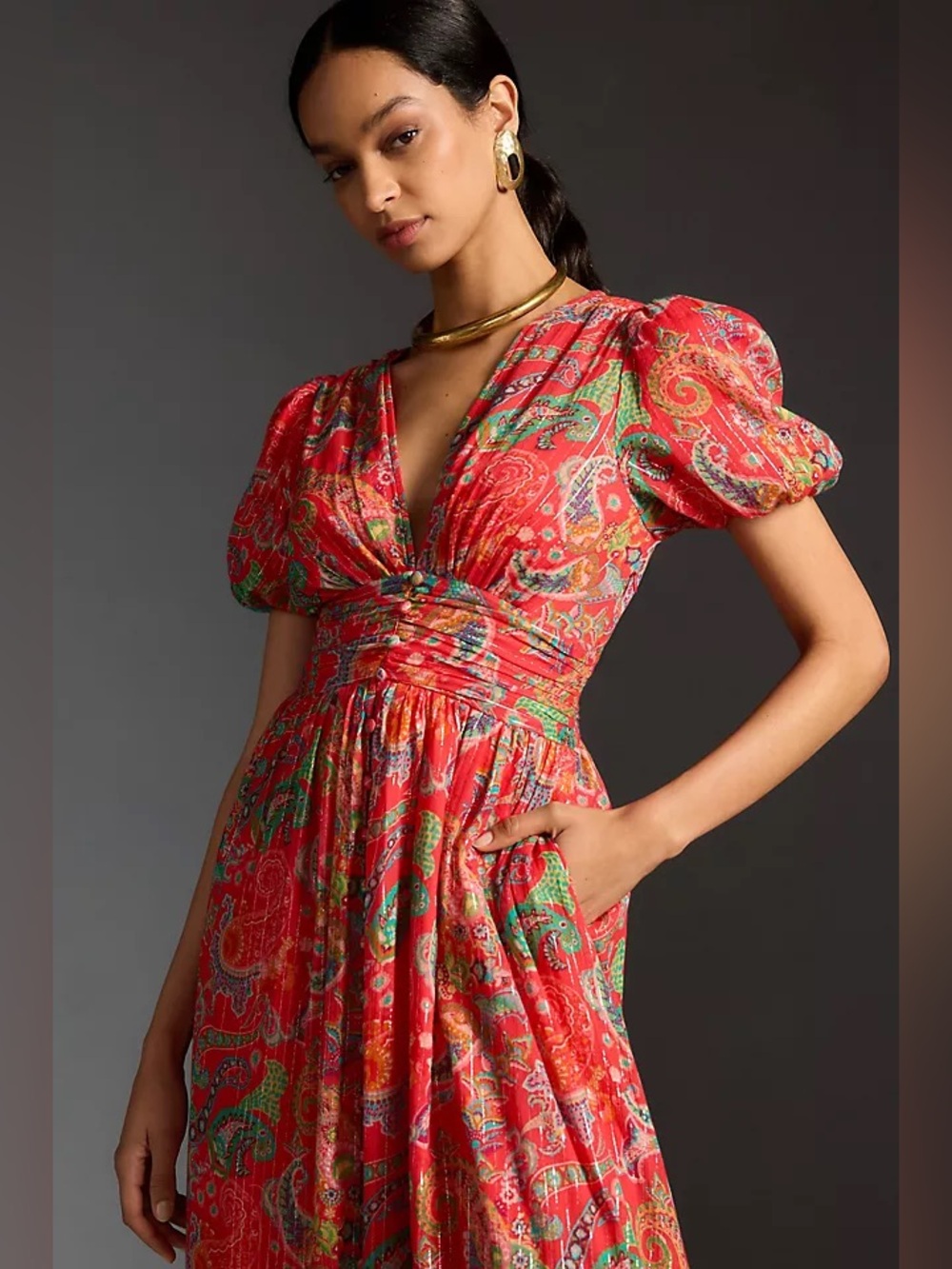 Anthropologie The Katerina Lurex Button Front Midi Dress Red Paisley Shimmer 4